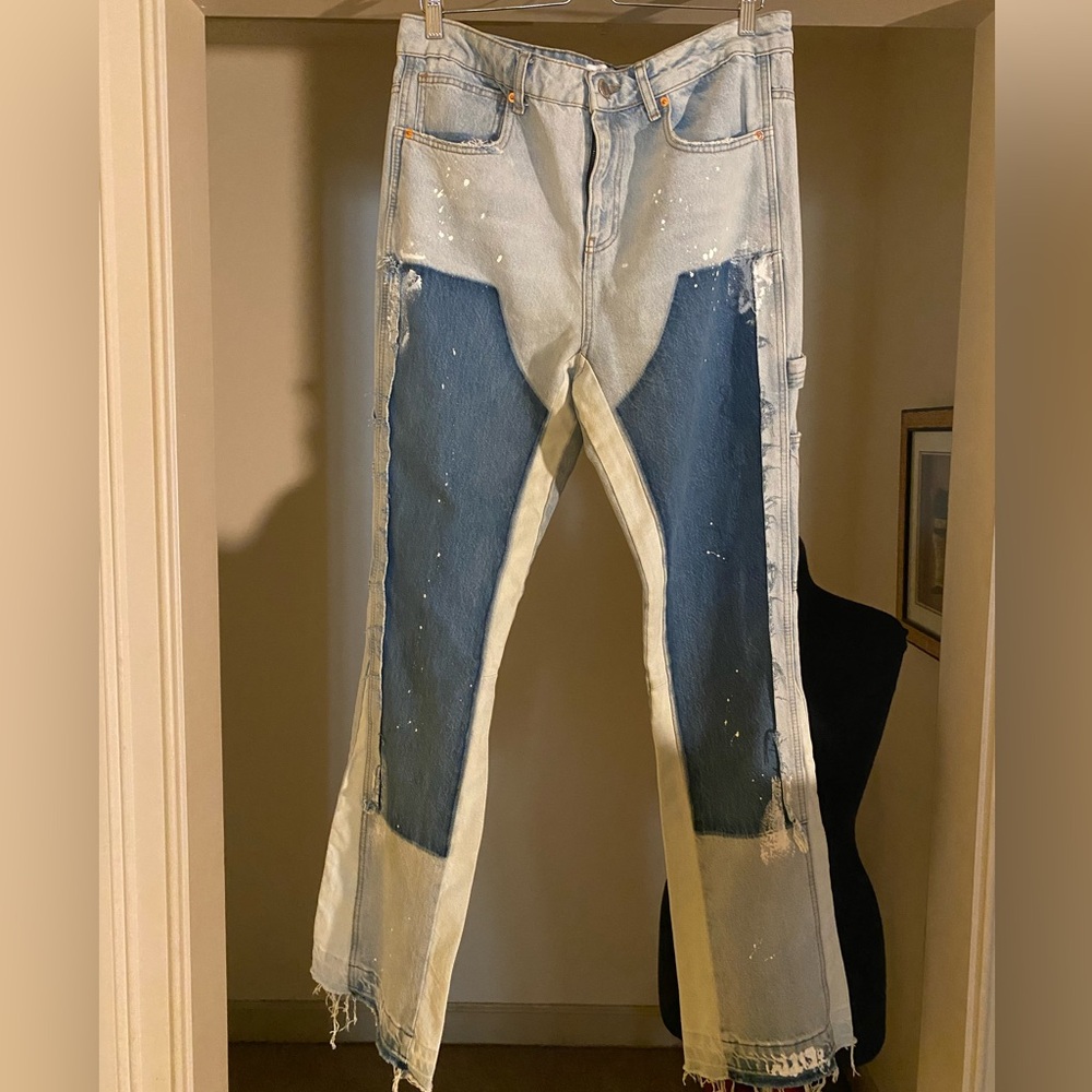 Light Wash Patchwork Paint-Splatter Jeans
